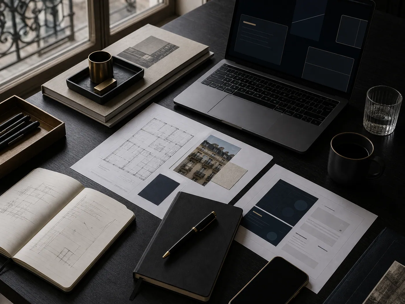 Bureau de stratégie avec ordinateur, plans, documents immobiliers, maquettes web et carnet.