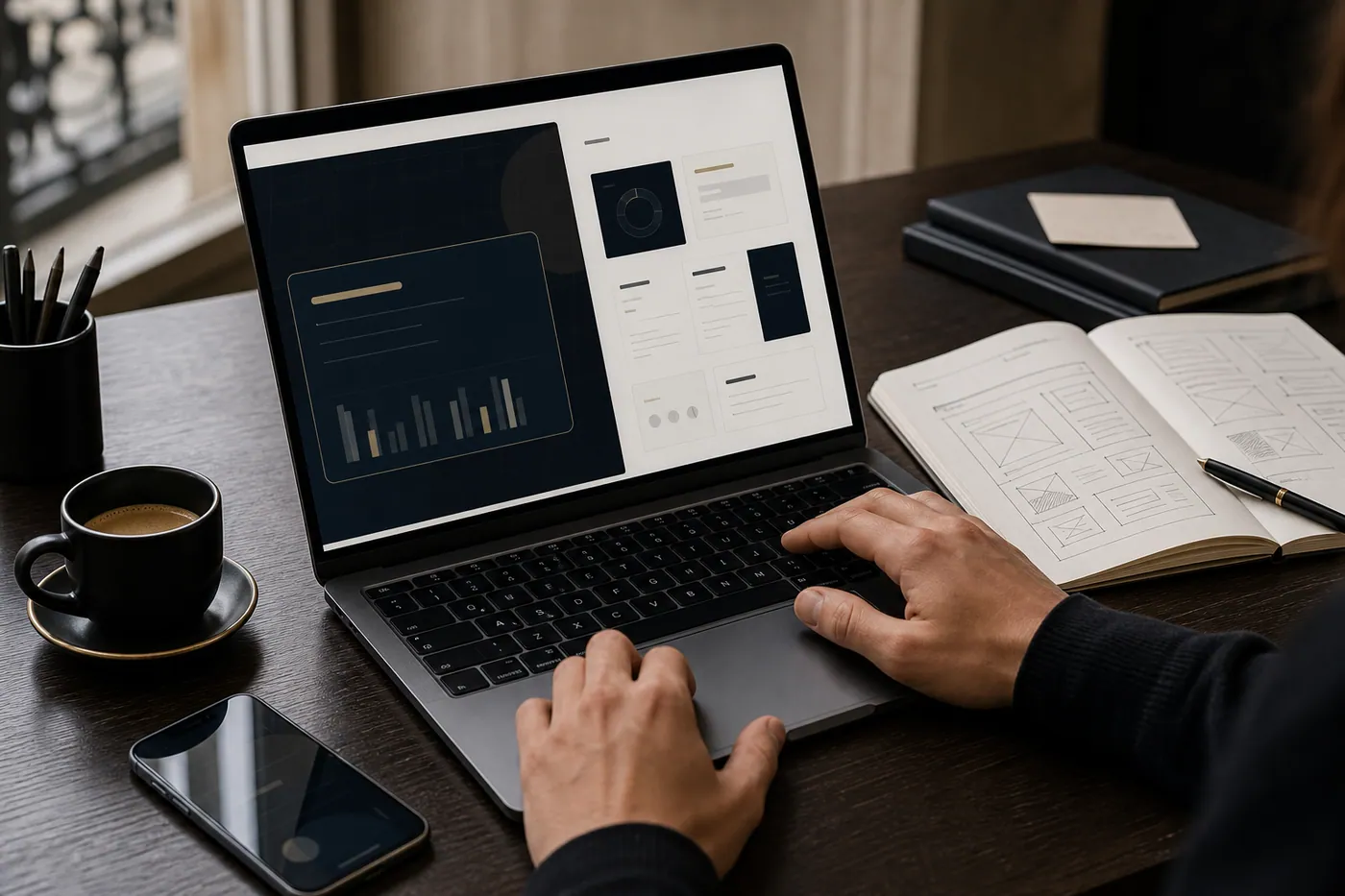Détail de travail UX sur ordinateur avec carnet, smartphone et interface web sobre.