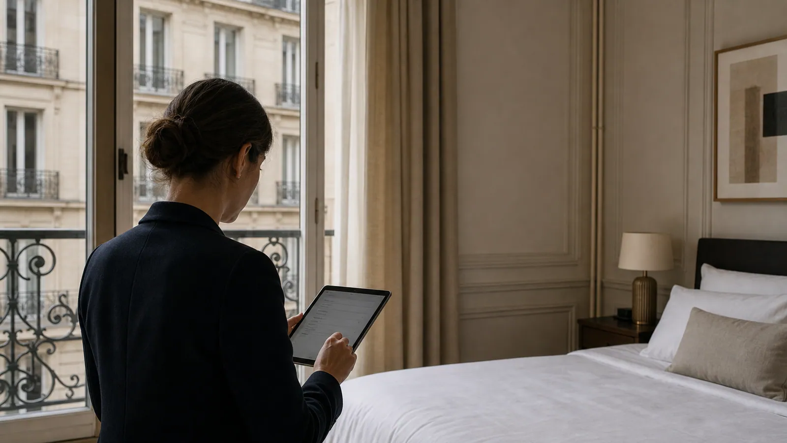 Contrôle qualité dans un appartement parisien préparé avec personne non identifiable vue de dos.