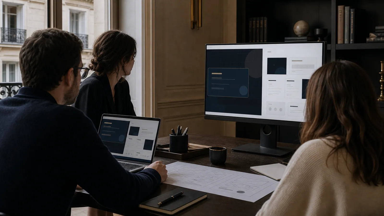 Scène de travail digital avec personnes non identifiables autour d'interfaces et de maquettes UX.