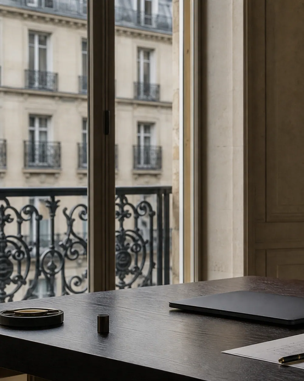 Bureau parisien contemporain avec table sombre et lumière naturelle.