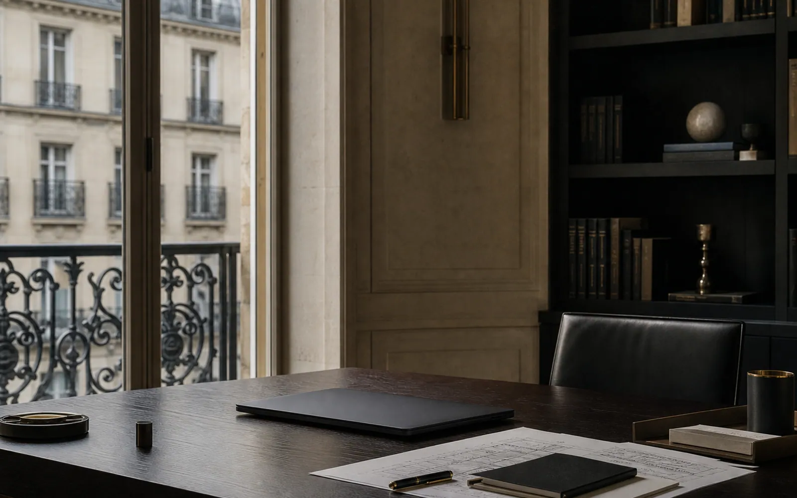 Bureau parisien contemporain avec table sombre, ordinateur fermé et façade haussmannienne en arrière-plan.