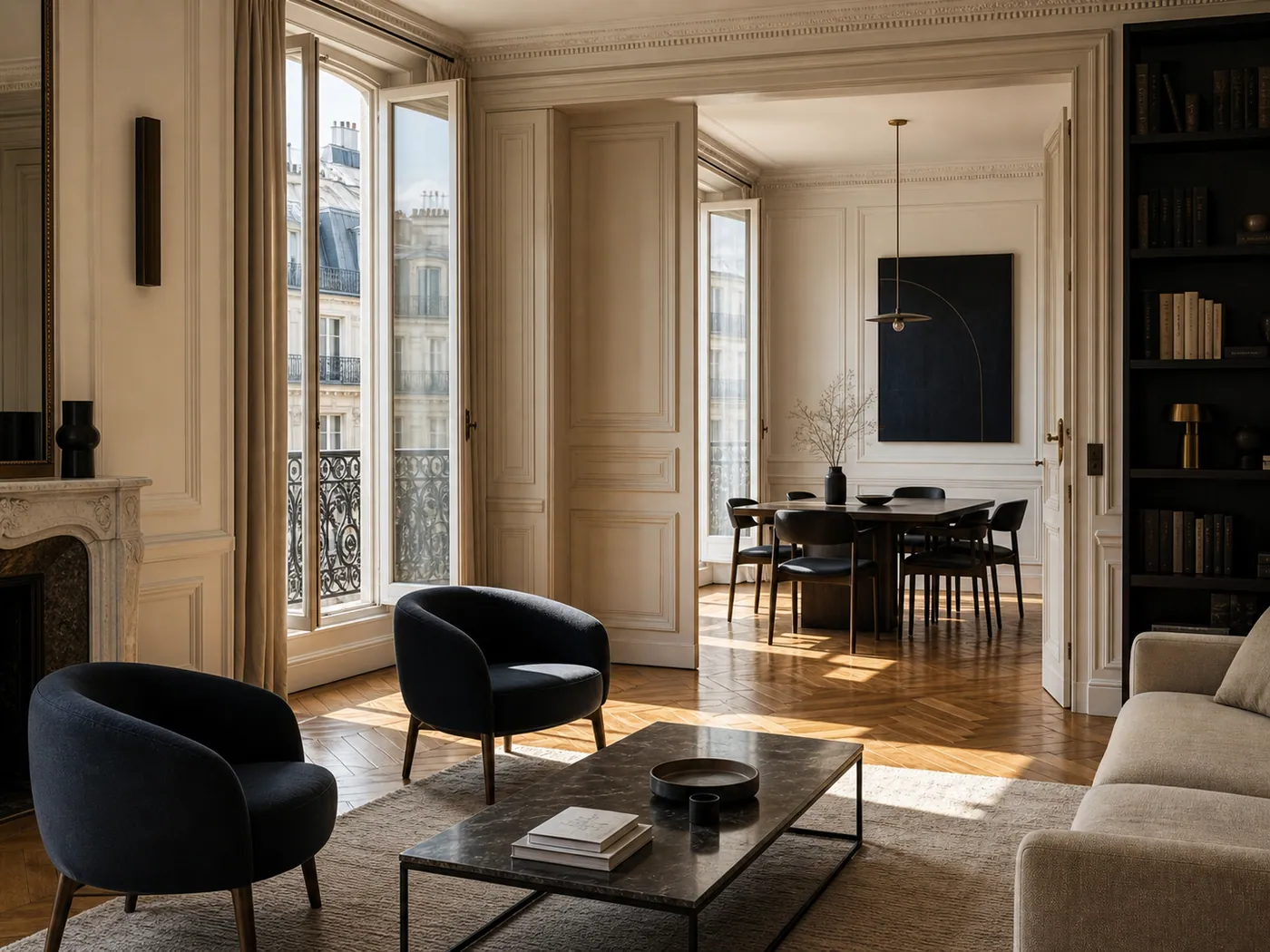 Appartement parisien lumineux avec parquet, moulures et mobilier contemporain sobre.