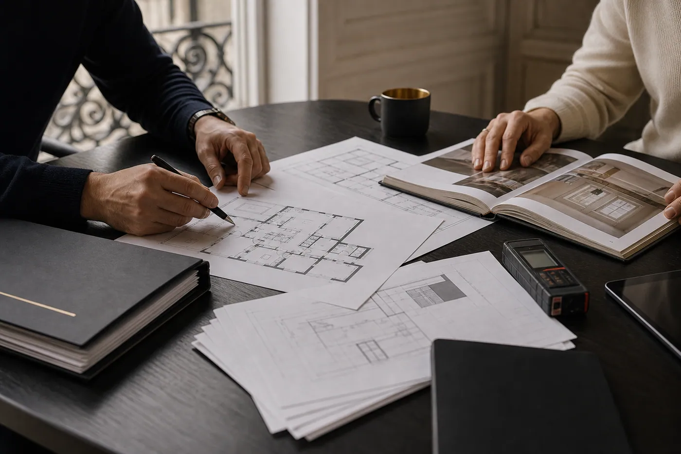 Table d'analyse immobilière avec plans, carnet, tablette et mains non identifiables.